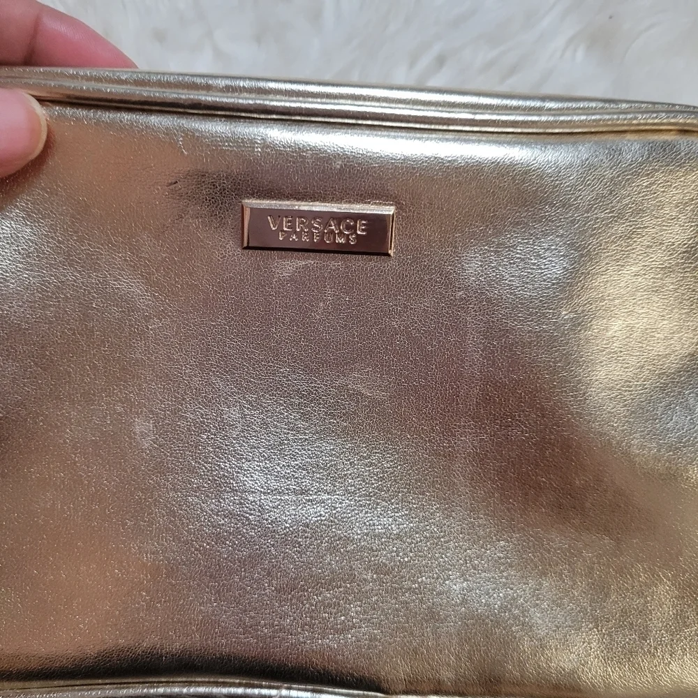 Versace Perfumes Pouch Makeup Travel Bag Gold With Zipper Snd Belted Handle
